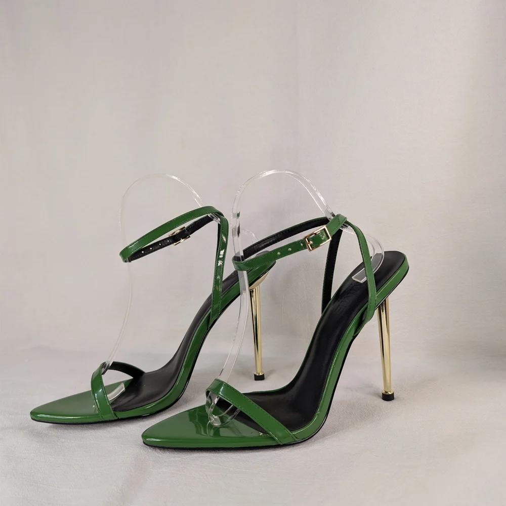 I AM FEMME Emerald Green Patent Stiletto Sandals Gold Heel Motivational Sole 8.5